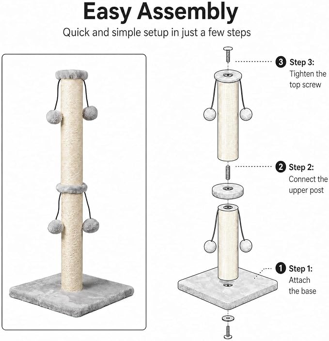 Dimaka 29'' Cat Scratching Post, Natural Sisal Rope Scratcher Post, Kitten Claw Scratch with 4 DanglingToy Balls for Large Cats (Grey) - Image 4