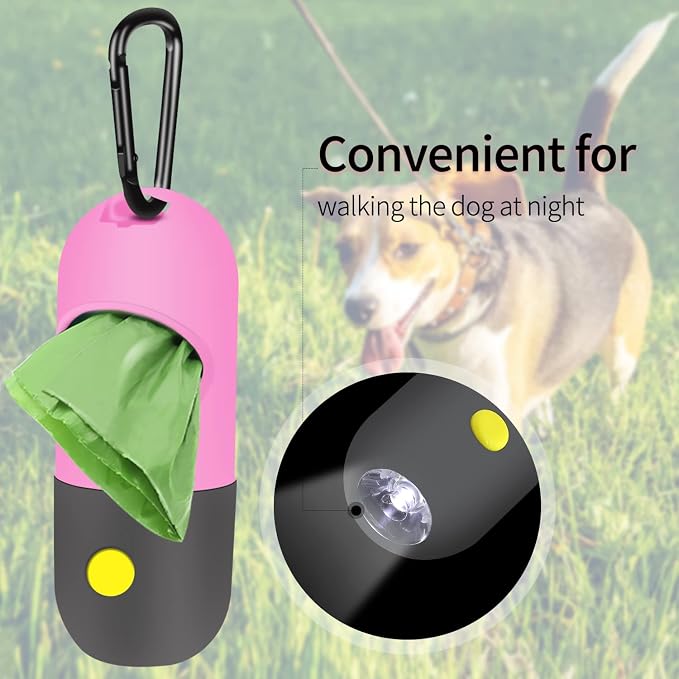 2 Pack Dog Poop Bag Dispenser with Built-in LED Flashlight, Pet Waste Bag Holder for Leash with Carabiner Clip for Lead Leash, 2 Rolls Leak-proof Doggy Waste Bags for Dog Walking, Pink, Eliamo - Image 5