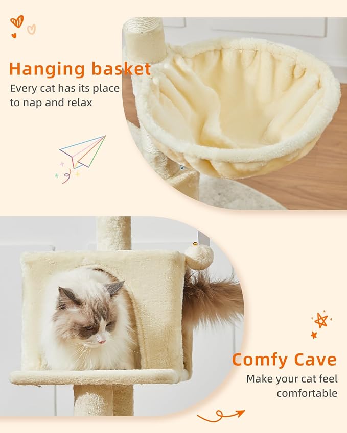 Taoqimiao Cat Tree, 49In Cat Tower for Indoor Cats Large Adult | 2 Luxurious Cat Condos, Thick Padded Top Perch, Adjustable Hanging Baskets, 5 Scratching Sisal Posts, Beige MS029LM - Image 5