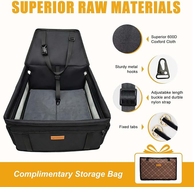 Pet Dog Booster Seat, Upgrading the Framed wall to Prevent Collapse，Breathable and Foldable Pet Car Basket，Removable andWashable pet car seat (Black) - Image 3