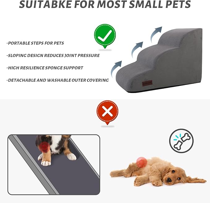 Aodisman Dog Stairs for Small Dogs and Cats,3-Step Pet Ramp for Bed & Couch | 15.7" H Non-Slip Sturdy Dog Steps with Curved Ramp for Senior,Short-Legged Dogs,Puppy and Cats to Reach Sofa or Chair,Grey - Image 4