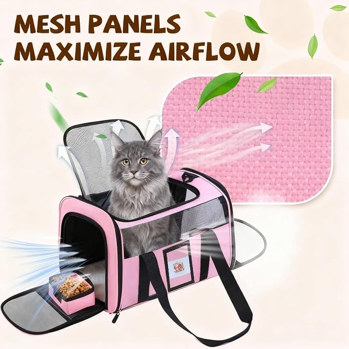 Large Soft Cat Carrier with Detachable Food Bowl,Pet Bag (Up to 28 lbs) | Puppy Kennel with Lockable Zippers for Small Dog, Kitten,Medium Travel Carrying Case for Car Airline Transport,Pink - Image 2