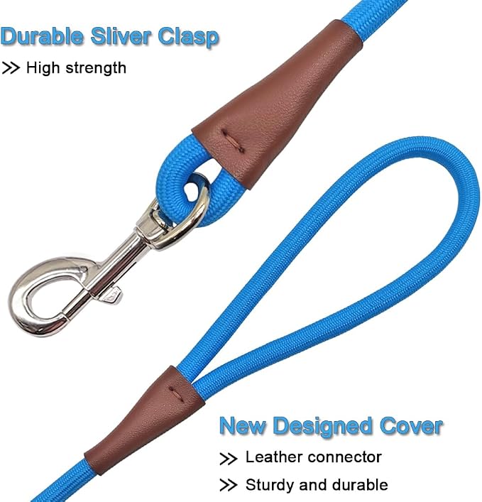 MayPaw 4/6/8/10FT Rope Dog Leash, 6 Classic Solid Colors Strong Nylon Leash | 1/2-Inch Thick Training Leash for Medium Larges Reinforced with Leather Tailor Connection Heavy Duty Silver Clasp (blue 10ft) - Image 3