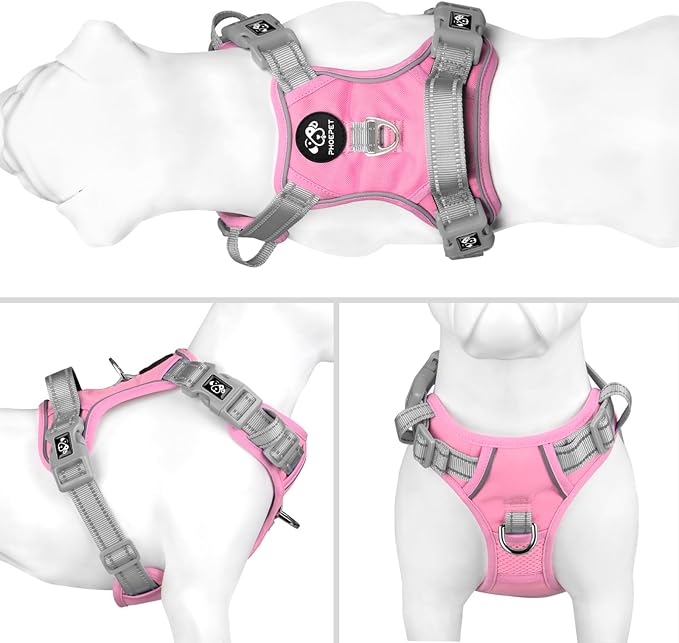 No Pull Dog Harness, Unique Colors Reflective Adjustable Dog Vest | with Soft Training Handle Metal Clips for Small Medium Large Dogs (Baby Pink Base & Grey Straps,M) - Image 2