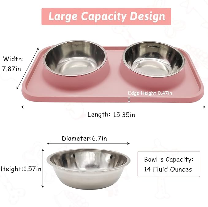 BNOSDM Double Dog Food Bowls Stainless Steel Dog Food and Water Bowls with Non-Spill Plastic Mat Pet Cat Feeder Bowl Set for Puppy Cats Kitten Small Medium Dogs Pink - Image 2