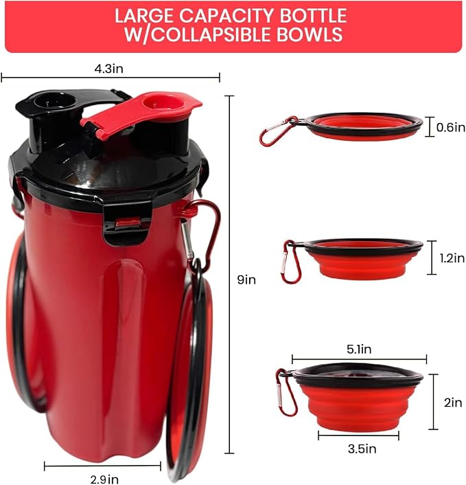 Dog Travel Water Bottle W/Collapsible Bowls - Portable 2 in 1 Leakproof Pet Water Bottle Food Container Ideal for Travel, Outdoor Portable Water Bowls for Walking, Camping & Hiking - (Red) - Image 3