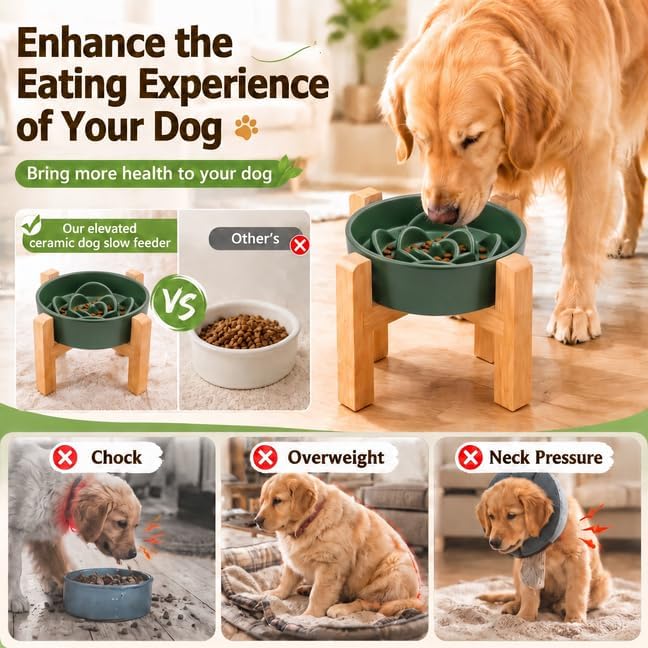 Elevated Ceramic Slow Feeder Dog Bowls Anti-Choking Slow Feeding for Medium& Large Anti-Slip Non-Lead & Toxic Durable Easy to Clean Maze Slow Feeder Bowl（8.66in Olive Green Flower Pattern） - Image 4