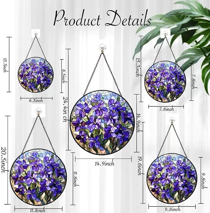 Stained Glass Window Hanging Lilac Stained Glass Style Suncatcher Round Purple Flower Window Hanging Decorative Panel Sun Catcher for Home Window Garden Gift - Image 4