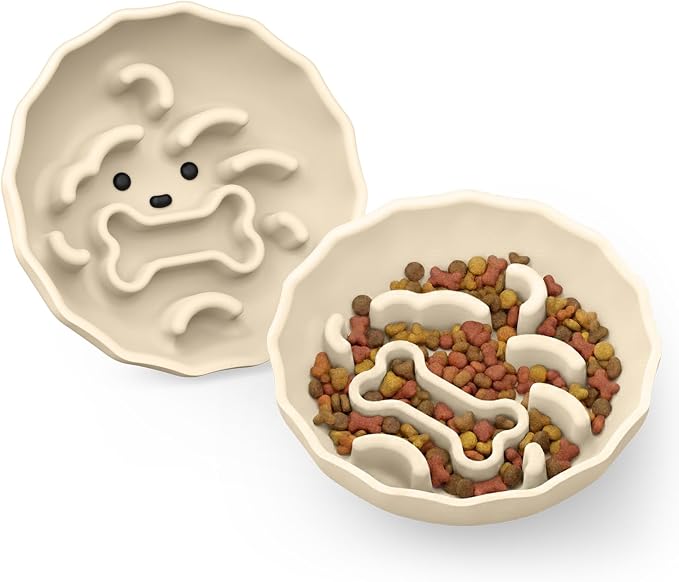 Slow Feeder Dog Bowls Made of Premium Food-Grade Silicone | Anti-Choking & Slow Eating for Improved Digestion, Non-Slip, Soft & Durable, Quiet Dog Bowl, Cute (Ivory, Doggy) by Lunabear