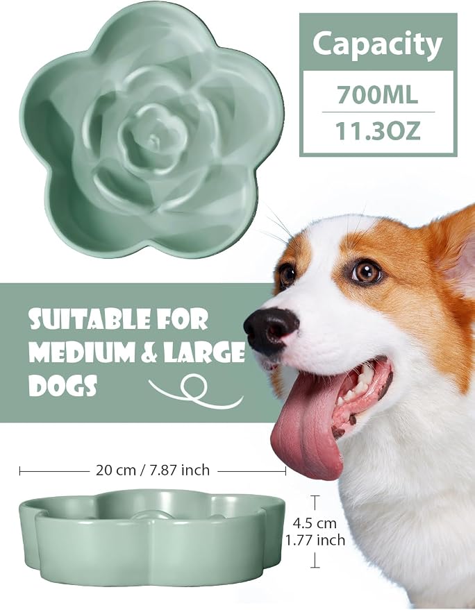Ceramic Slow Feeder Dog/Cat Bowl 8" 11.3oz Medium Large | Anti-Choking Slow Food Bowls, Slow Feeder for Large Breeds, Plum Puzzle Design, Non-slip Silicone, Dishwasher Safe, Green - Image 2