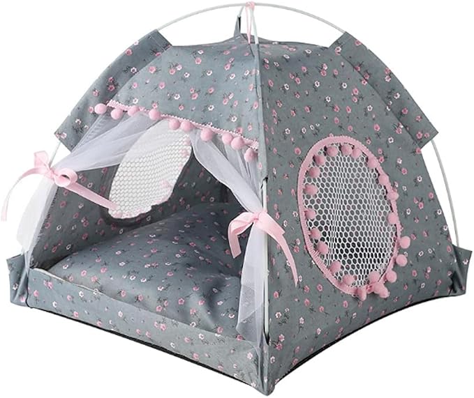 Cat Bed Tents Dog House Indoor Outdoor Lace Mesh Breathable Windows Door Curtains Removable Portable Nest Teepe House (Medium,Gray&Pink) - Image 6