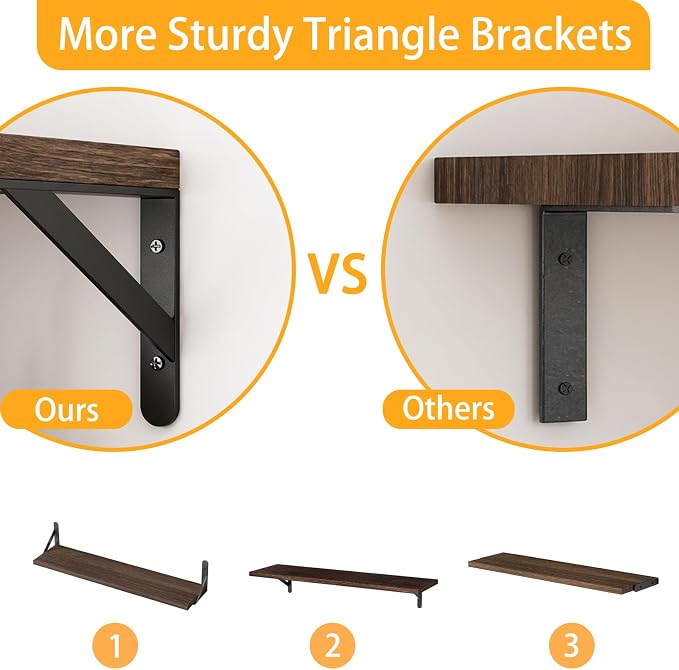 YGEOMER 23.6in Floating Shelves for Wall Home Decor, Wood, Brown, Set of 6 | Rustic wood shelves with metal brackets. Space-saving for books & decor. Works in bathroom, kitchen, living room & bedroom. - Image 4