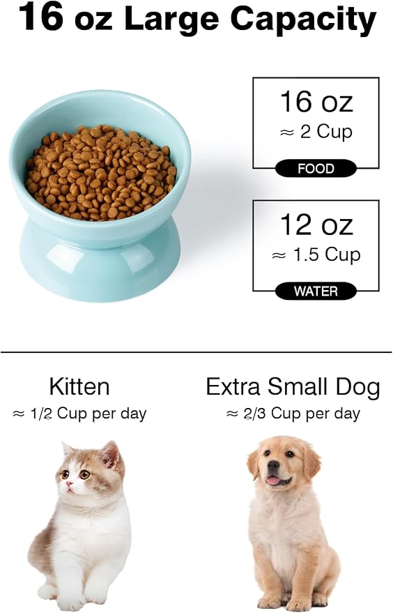 ABRUTY Cat Water Bowl, 16 OZ Ceramic Elevated Cat Bowls, 15° Tilted and Raised Pet Food Dish, Anti Vomiting Protect Pets' Spines and Whisker Fatigue, Set of 2, Turquoise - Image 3
