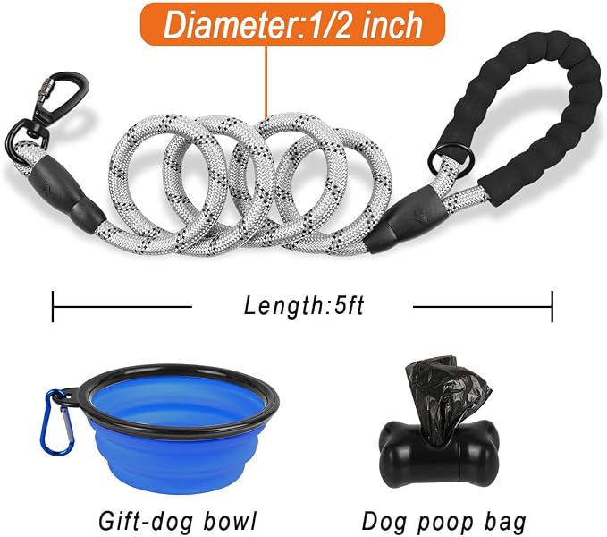 BARKBAY Dog Leashes for Large Dogs Heavy Duty Dog Leash 4/5/6 FT with Comfortable Padded Handle and Highly Reflective Threads for Medium Large Dogs Walking Training Running (5FT-1/2'',Gray) - Image 6