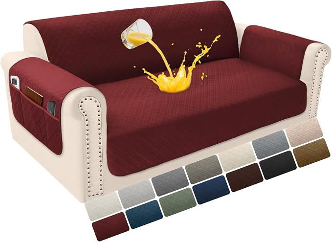 Velvet 100% Waterproof Loveseat Covers Washable Love Seat Couch Covers for 2 Cushion Couch Sofa Pet Friendly Sofa Slipcovers for Dogs Furniture Protector with Pockets (Medium, Wine Red) by YUEVELLASofaCover