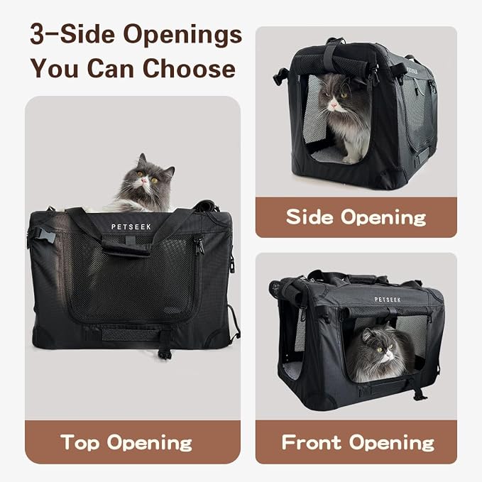 Large Cat Carrier, Portable Soft Sided Road Car Carrier, for Small Dog or Big Cats, 20"x13"x13" Outside Folding Comfortable Design, Black - Image 4