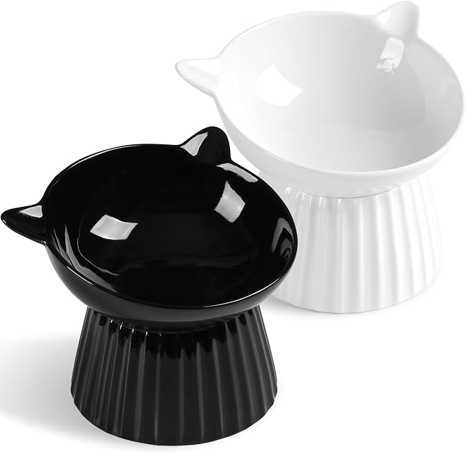 Ceramic Raised Cat Bowl，Tilted Raised Bowl Anti Vomit Bowls for Indoor Cats Whisker Friendly Pet Feeder for Cats Puppies, Microwave and Dishwasher Safe by Wellbro