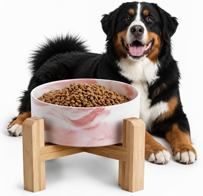 Elevated/Raised Ceramic Dog Bowl with Bamboo Stand,Marble Pattern 7 Inch 7.6 Cups Non Slip Heavy Weighted Single Pet Dish,Anti Tipping,Reduces Neck Strain Marble Pink by addggo