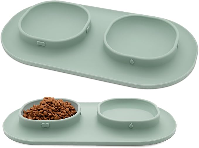 Dog Food Bowls Pet Bowls & Dog Water Bowls with No-Spill and Non-Skid, Feeder Bowls with Dog Bowl Mat for Small Medium Large Size Dogs Cats Puppy Pets, Dog Dishes (Green) by WEYOVGO