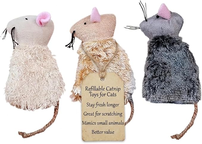 Ipetboom Refillable Catnip Toys for Cats - 3 Pack Interactive Cat Chew Toys for Indoor with Natural Long Fur and Jute Tail, Durable Plush Mouse Pet Fun Tool for Hunting and Boredom Relief by Unknown