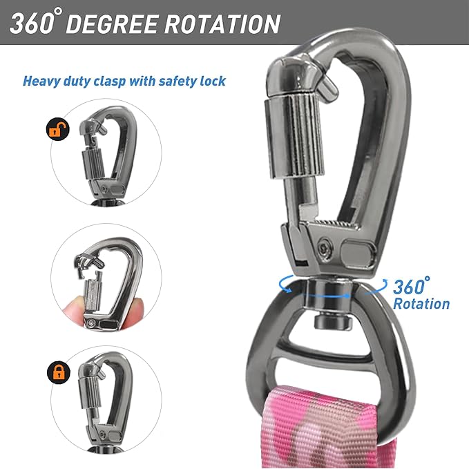 Hotsky Tactical Bungee Shock Absorbing No Pull Dog Leash,Pink Camo,4-6FT | Heavy Duty for Medium Large Dogs That Pull up to 660 lb,with Padded Double Handle ＆ Car Seatbelt,360°Rotating Locking Clasp - Image 4