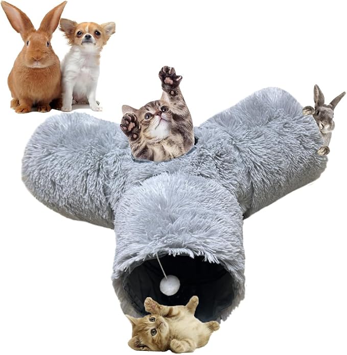 3-Way Collapsible Cat Tunnel Tube Toy Grey Plush | Interactive Play Tunnel with Hanging Ball & Peek Hole for Indoor Cats, Kittens, Puppies & Rabbits | Hours of Fun & Exercise by Mabaytir