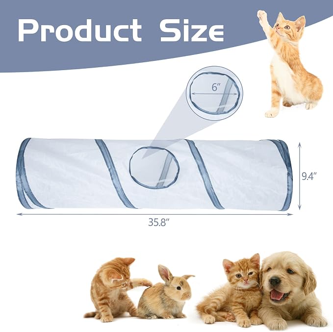 Sheldamy Cat Tunnel, 2-Way Cat Tunnels for Indoor Cats, Collapsible Cat Play Tunnel, Interactive Toy Maze Cat House with 1 Play Ball for Cats, Puppy, Kitty, Kitten, Rabbit (White & Grey) - Image 2