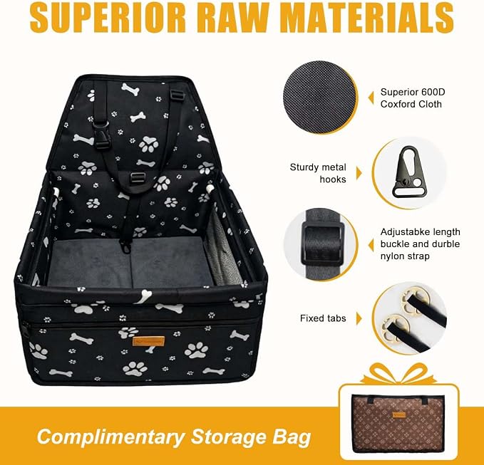 Pet Dog Booster Seat, Upgrading the Framed wall to Prevent Collapse，Breathable and Foldable Pet Car Basket，Removable andWashable pet car seat (Black Footprints) - Image 5