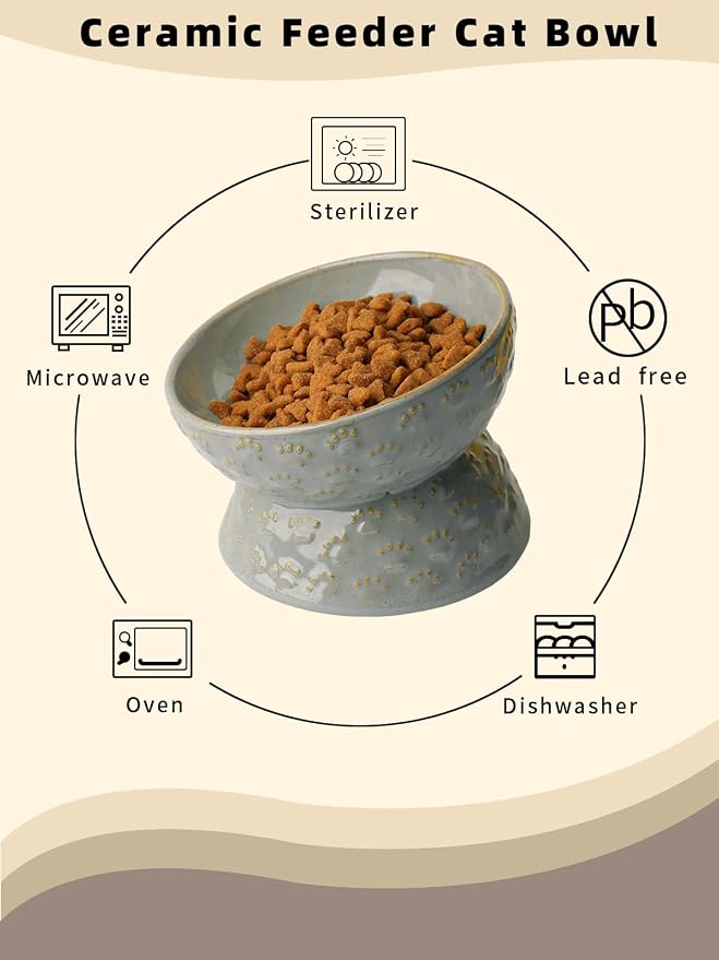 Ceramic Tilted Elevated Small Cat Bowl, for Fat Faced Cat, Kitten, Grey | 15° Tilted Elevated Design,5oz Small Meal Capacity,Chin-Friendly Ceramic,Paw Print - Image 4