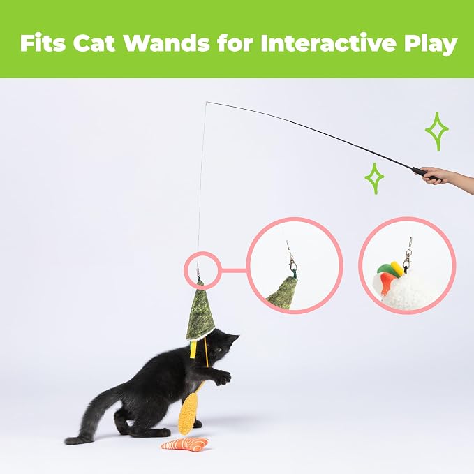 Best Pet Supplies Catify Interactive Cat Toy with Catnip - Sushi Rolls Set | Catnip Infused, Textured Tail and Crinkle Sounds, Soft Plush, Durable, For Indoor Cats & Kittens, Attaches to Wand, Pack of 3 - Image 7