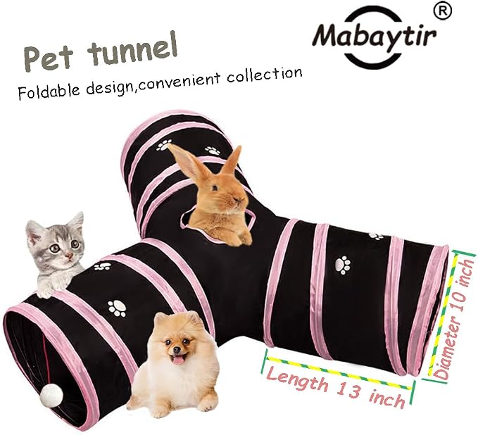 3-Way Collapsible Cat Tunnel Tube Toy Black Pink Paws | Interactive Play Tunnel by Hanging Ball & Peek Hole for Indoor Cats, Kittens, Puppies, Rabbits, Hours of Fun & Exercise - Image 4