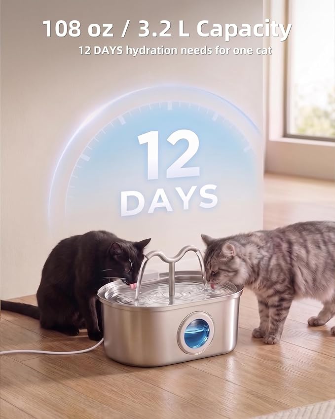 3.2L/108oz Stainless Steel Cat Water Fountain Pet Fountain | Automatic Pet Water Dispenser - Self-Designed Filtration System - Ultra-Quiet Pump - Easy Cleaning & Maintenance (3 Filters) - Image 5