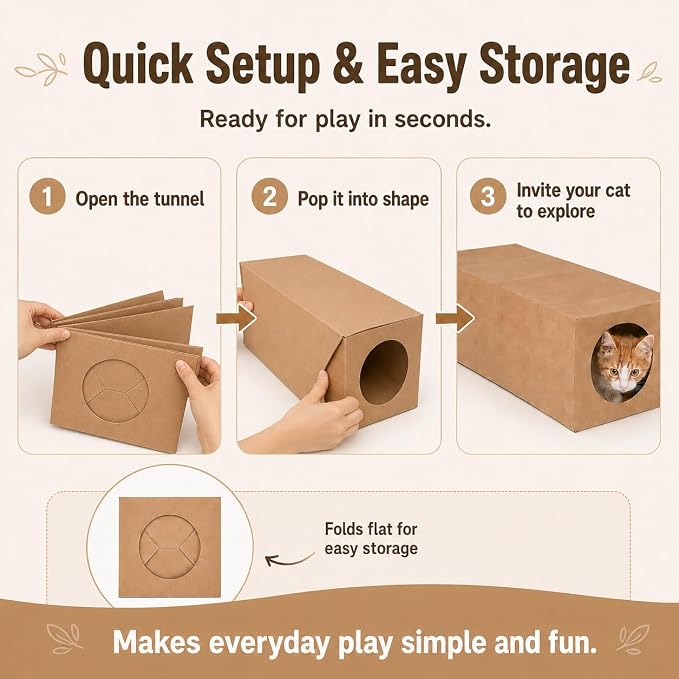JO! Collapsible Paper Cat Tunnel, Crinkle Hideaway Toy for Indoor Cats | 100% paper, 24.4 x 10.6 x 8.7 in, Brown, Roomy for adult cats, For hiding, pouncing and hide-and-seek play - Image 5
