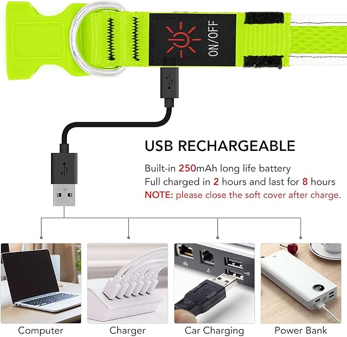 YFbrite Light up Dog Collar, USB Rechargeable LED Puppy Collar Super Bright Adjustable Glowing Dog Lights for Night Walking (Green, Medium) - Image 6