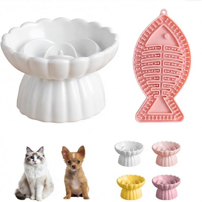 Ceramic Raised Slow Feeder Cat Bowl with Lick Mat, for Indoor Cats and Small Dogs Like Chihuahua, French Bulldog, Poodle,Anti Vomiting for Dry and Wet Food-White Bowl+Lick Mat by Unknown