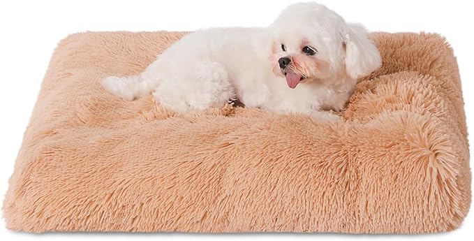 Bedfolks Waterproof Dog Crate Bed,Plush Dog Bed with Removable Washable Cover,Faux Fur Dog Crate Pad for Small Dogs and Cats,Fluffy Dog Kennel Bed 21"x13",Solid Camel by Bedfolks