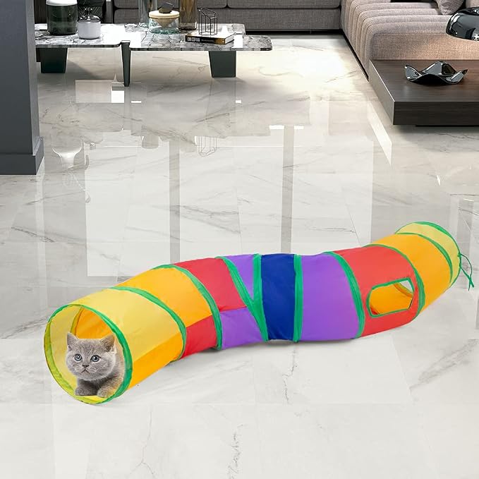 Sheldamy Cat Tunnel, S-2-Way Cat Tunnels for Indoor Cats, Collapsible Cat Play Tunnel, Interactive Toy Maze Cat House with 1 Play Ball for Cats, Puppy, Kitty, Kitten, Rabbit (Multicolor) - Image 7
