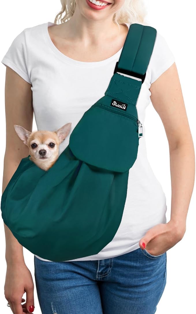 SlowTon Dog Carrier Sling - Thick Padded Shoulder Strap Adjustable, Green S | Dog Carriers for Small Dogs, Puppy Carrier Purse for Pet Cat with Front Zipper Pocket Safety Belt Machine Washable by SlowTon