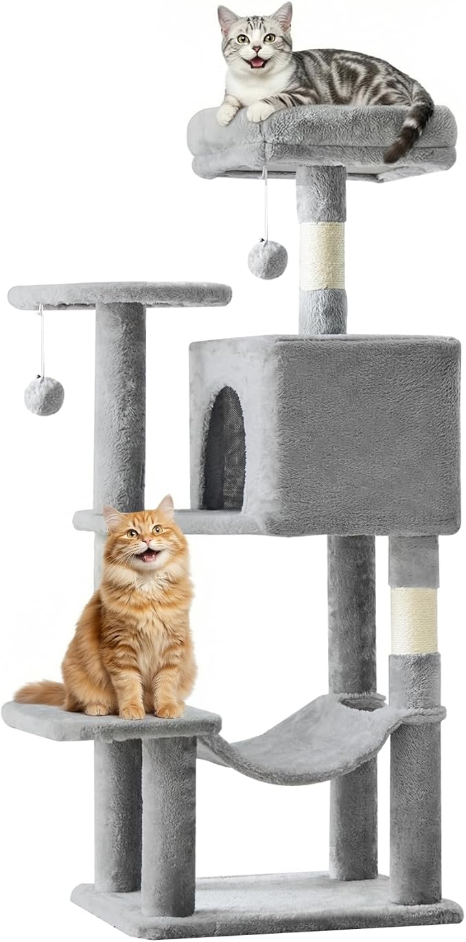 DUMOS 44 Inch Cat Tree Tower with Natural Sisal Scratching Posts | Small Cat Tree with Hammock, Pet Condo for Indoor Cats and Kittens Play, Light Grey by DumosLifestyle