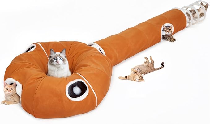 Ownpets 2-in-1 Cat Tunnel Large Lollipop Collapsible Cave Plush 12"D Orange | Foldable Tunnel Bed, Fluffy Ball, Multi-Exit Maze, For Cats Kittens Puppies Rabbits, Soft Plush, Easy Store, Cozy Hiding Spot by Ownpets