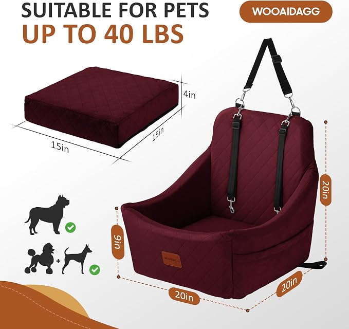 WOOAIDAGG Dog Car Seat for Medium Sized Dogs Up to 40lbs,Comfy Pet Travel Car Bed with Seat Belt Channle,Fully Detachable and Washable,Adjustable Straps,2 Side Pockets,Easy to Install (Red) - Image 2