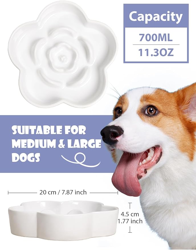 Ceramic Slow Feeder Dog/Cat Bowl 8" 11.3oz Medium Large | Anti-Choking Slow Food Bowls, Slow Feeder for Large Breeds, Plum Puzzle Design, Non-slip Silicone, Dishwasher Safe, White - Image 2