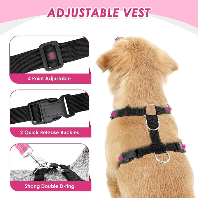 Lukovee Dog Car Harness Seat Belt, Harness & Seatbelt with 2 in 1 Buckle | Adjustable Soft Breathable Mesh Harness, Reflective Elastic Reflective Tether, for Small Medium Large Dogs Pets (A-Pink, XS) - Image 4