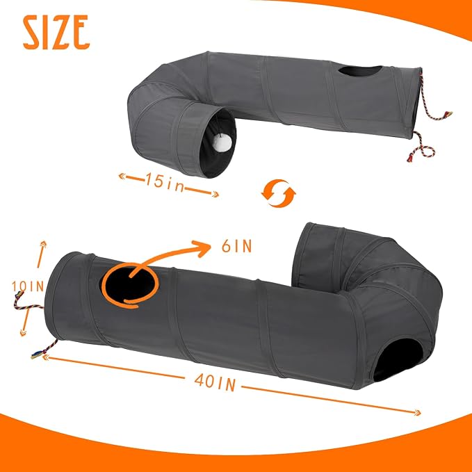 Cat Tunnel, 2-Way Collapsible Cat Tube with Interactive Peek-A-Boo Hole, Toy Ball, and Rope – Ideal for Indoor Cats, Kittens, and Rabbits (Dark Gray) - Image 5