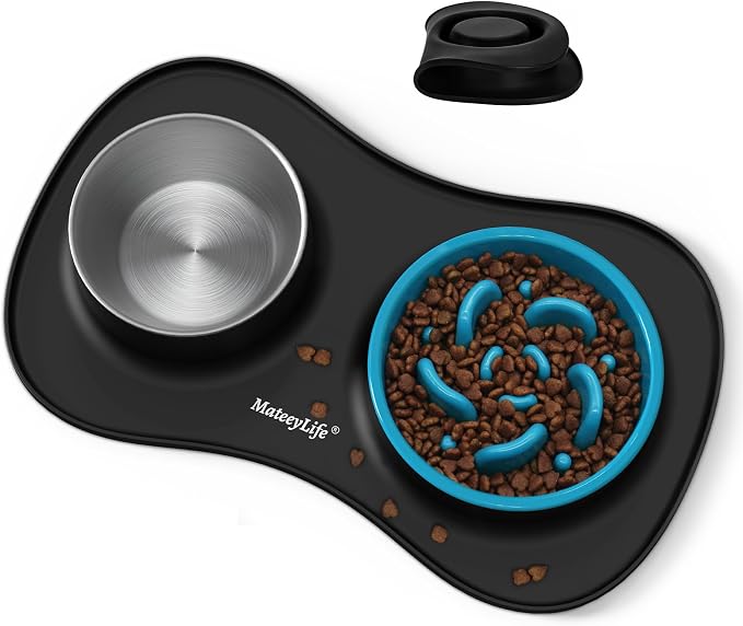 MateeyLife Dog Food and Water Bowl Set 3 in 1, Slow Feeder Dog Bowls & Stainless Steel Water Bowl with Non-Spill Silicone Mat, Cat and Puppy Bowls Pet Dishes for Small Medium Large Breed Anti-Choking by MateeyLife