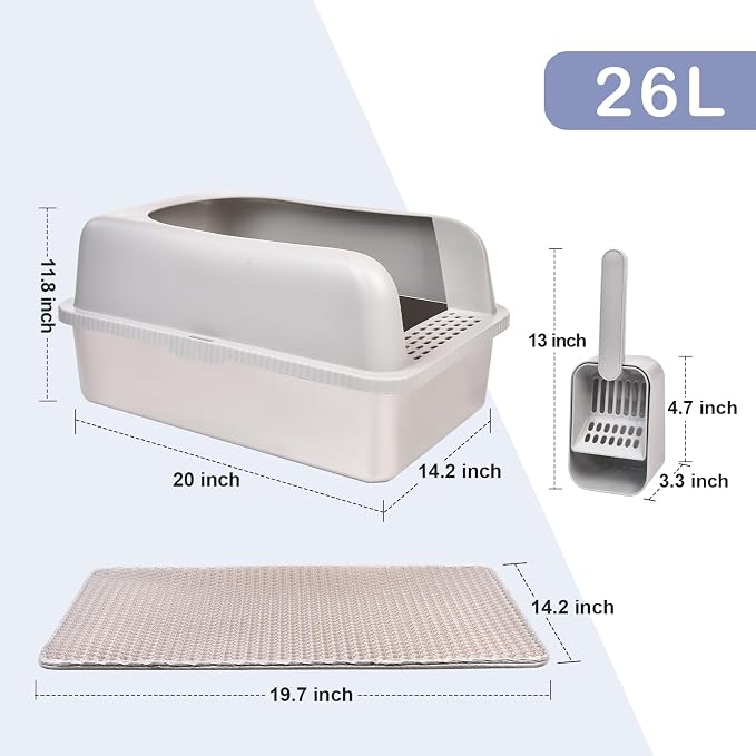 Henkelion 2 Pack Stainless Steel Cat Litter Box with Lid, 20" L x 14.2" W x 11.8" H, Extra Large Litter Box for Big Cats with High Sided, Anti-Urine Leakage, Easy Cleaning, Include Cat Mat and Scoop - Image 2