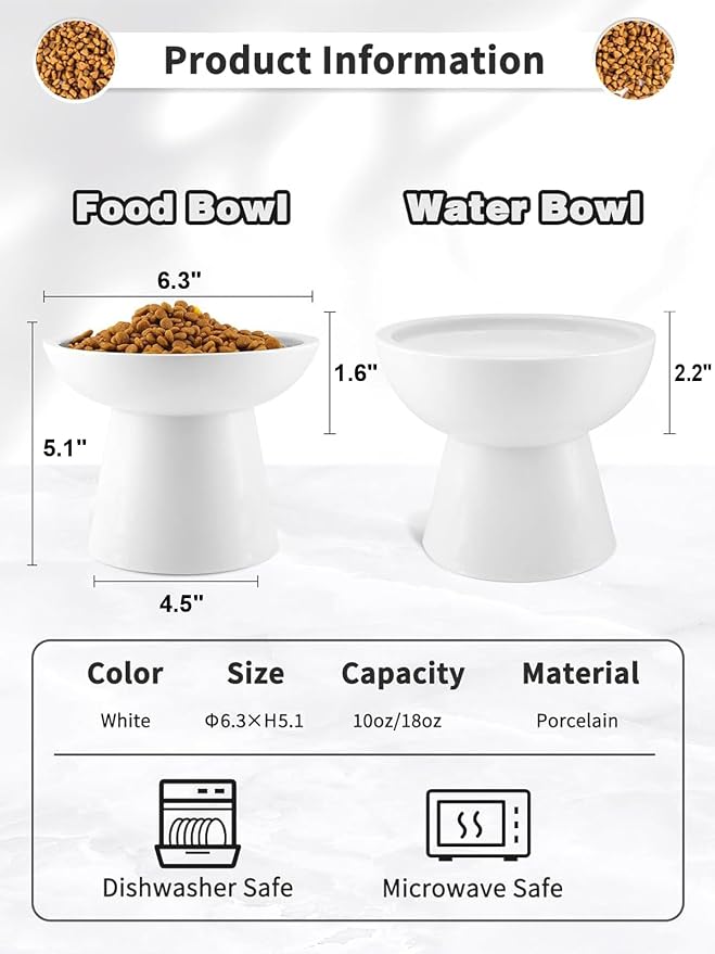 LoeJan Elevated Cat Food and Water Bowls Set, Extra Wide and Raised Ceramic Bowls, Anti-Vomit Whisker-Free Pressure Cat Feeder for Kittens to Adult Cats and Small Dogs (White, Water Bowl) - Image 2