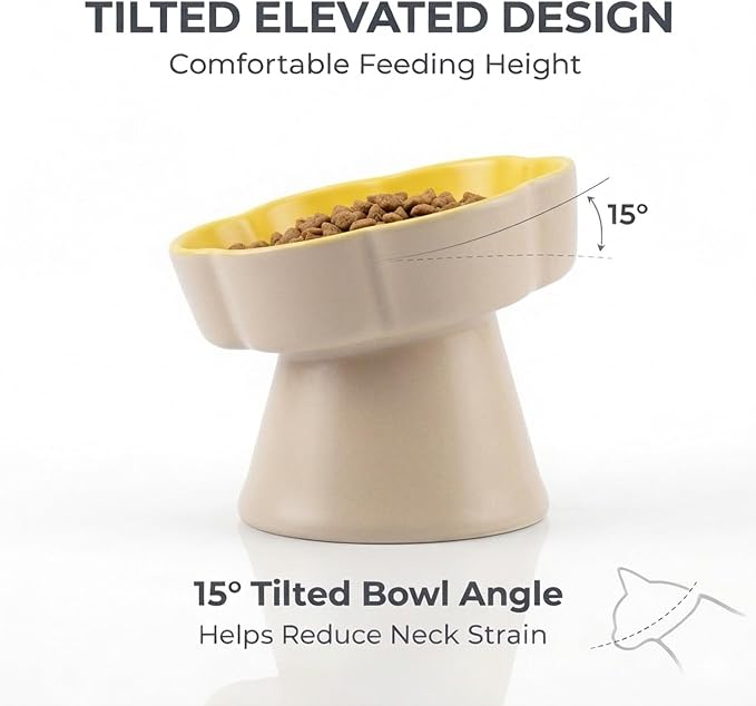 Ceramic Elevated Slow Feeder Cat Bowl, Raised and Gently Tilted Feeding Dish with Maze Design, Whisker-Friendly, Easy to Clean, for Indoor Cats and Small Dogs (Beige/Yellow) - Image 3