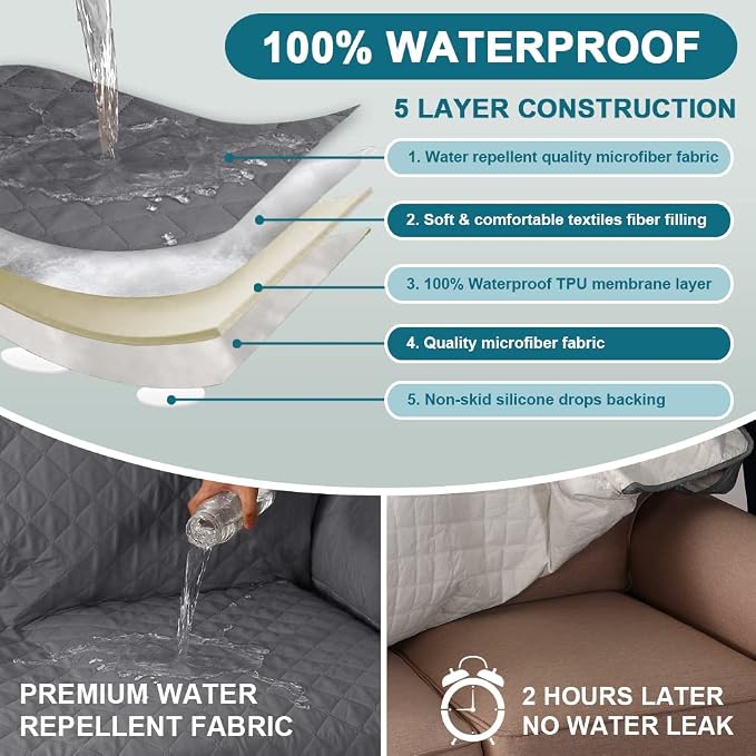 Turquoize 100% Waterproof Sofa Covers Chair Cover Armchair Couch Protector Triple Non-Slip Sofa Slipcover for 1 Cushion Armchair Furniture Protector for Pets, Kids,Dog (Chair 23", Gray) - Image 3