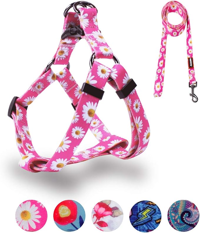 Dog Harness Leash Set Adjustable Heavy Duty No Pull Halter Harnesses for Small Medium Large Breed Dogs Back Clip Anti-Twist Perfect for Walking (L(23"-32" Chest Girth), Daisy) by QQPETS